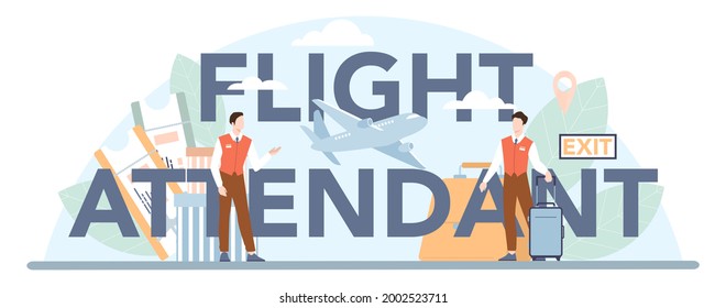 Flight attendant typographic header. Stewardess helps passenger in airplane. Travel by aircraft. Idea of professional occupation and tourism. Isolated flat vector illustration