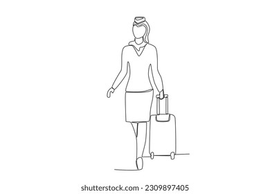 A flight attendant walking in the airport. Airport activity one-line drawing