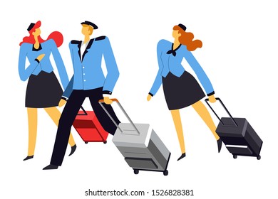 Flight Attendants Crew And Pilot Wearing Blue Airline Uniforms Walking With Luggage Trolleys On Wheels In Terminal Airport. Stewardess, Airlines Workers. Vector Illustration On White Background.