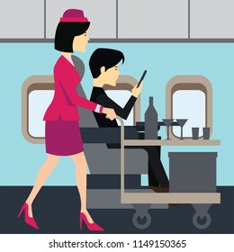 flight attendants on airplane business class cabin.  vector illustration