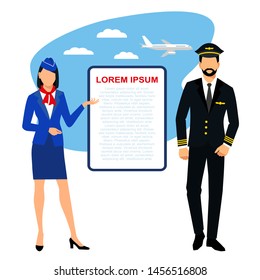  flight attendants and pilot. Illustration of stewardess dressed in blue uniform.  pilot and stewardess