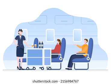 Flight Attendants Serve Passengers by Offering Drinks on Board in Cartoon Vector Illustration