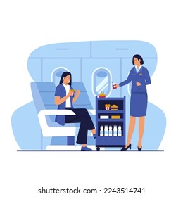 Flight attendants serve passengers on the plane. Illustration for website, landing page, mobile app, poster and banner. Trendy flat vector illustration