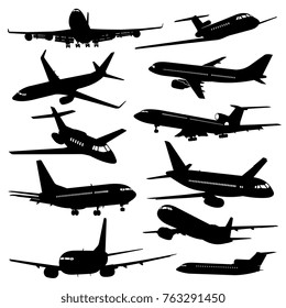 Flight aviation vector icons. Airplane black silhouettes in sky. Illustration of airplane flight, aviation and aircraft