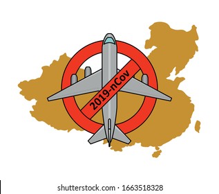 flight ban to China, from China due to coronavirus, 2019-nCov, covid-19. Airplane in prohibition sign, against the background of the map of China