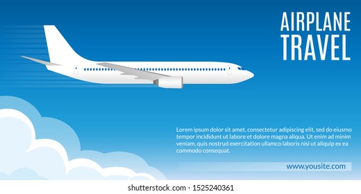 Flight Banner. Airplane In The Sky. Trip Or Travel By Plane Concept, Poster For Web Design Or Business Brochure. Vector Illustration.