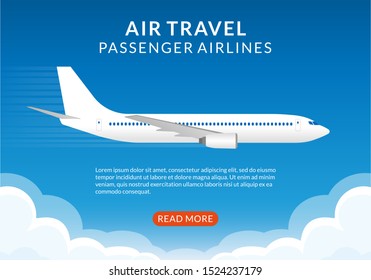 Flight banner with plane. Airplane in the Sky. Air Travel by passenger airlines concept, poster for web design or business brochure. Vector illustration.