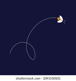 Flight of a bee or bumblebee with a dotted trajectory. A working honey bee, wasp pointing upwards. Concept of Path in flight with a loop. The movement of an insect along a specific route. Vector
