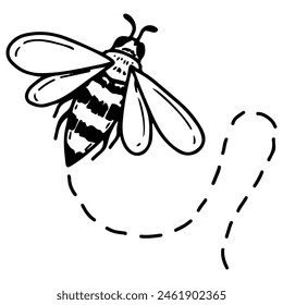 Der Flug eines Bienendoodles. Stechende Insektenwespe Bestäuber. Honigbienenkraut. Handgezeichnete Vektorgrafik Skizzenabbildung.