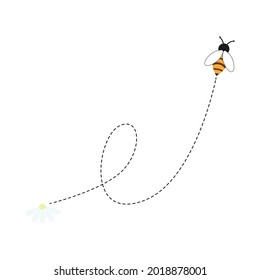 Flight of a bee or a wasp. Insect trajectory flight path with dotted line, loop and flower. Bee path with noose, collecting nectar, honey or pollen, apiology science study concept. Vector illustration