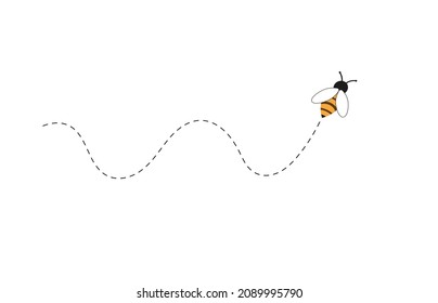 Flight of a bee or a wasp. Insect trajectory flight path with dotted line and loop in space. Bee path with noose, collecting nectar, honey or pollen, apiology science study concept.Vector illustration