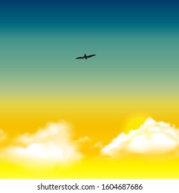 A flight of the bird above the clouds and sun. Sunset. White clouds and semi color sky. It can be used as a background. Vector illustration. 