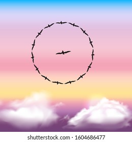 A flight of the birds above the clouds and sun. Sunset. White clouds and semi color sky. It can be used as a background. Vector illustration. 