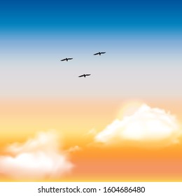 A flight of the birds above the clouds and sun. Sunset. White clouds and semi color sky. It can be used as a background. Vector illustration. 