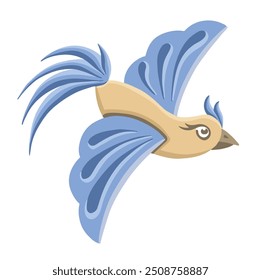 Flight blue bird with crest, hand drawn vector