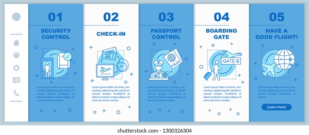 Flight boarding process app page screen vector template. Security, passport control, online or airport check-in walkthrough website with linear illustrations. UX, GUI smartphone interface concept