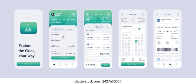 Flight booking app mobile screens template fulll editable and vector (Light Mode)