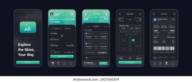 Plantilla de pantalla móvil de la aplicación de reserva de vuelo totalmente editable y vectorial (modo oscuro)