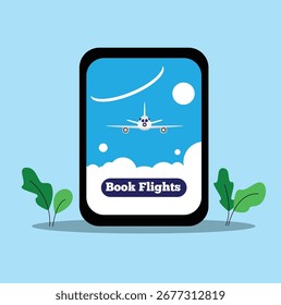 Flight Booking App on a Mobile Phone with Airplane Flat Style. Traveling and flying for work tickets purchase vector art