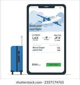 Flight booking app. smartphone online flight booking with travel bag. Booking online flights travel or ticket .Online Hotel Reservation Mobile App. world background. vector illustration. 2113