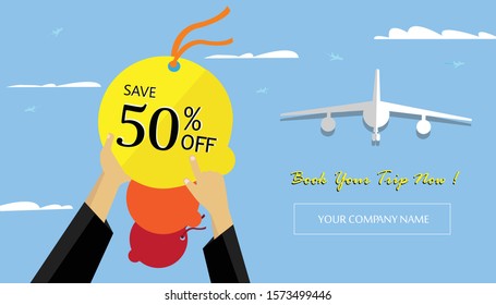 flight booking banner, discount banner, 50% discount offer, special offer banner
