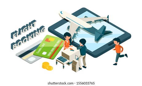 Flight booking. Buying tickets online isometric concept. Vector 3d front desk passengers plane credit cards