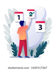 flight booking illustration for web design template, a man with calendar book a flight, set the time Vector illustration in flat design for web landing page