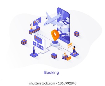 Flight booking isometric web banner. Airline tickets reservation isometry concept. Mobile application for online booking service 3d scene. Vector illustration with people characters in flat style.