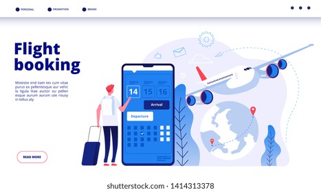 Flight booking. Online budget travel booking in internet plane flights reservation vacation holiday vector travelling service concept