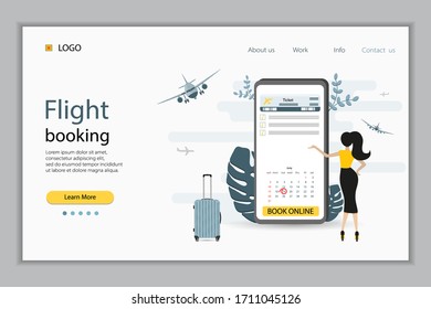 Flight booking. Online budget travel booking in internet plane flights reservation vacation holiday vector traveling service concept.