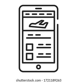 Reserva de vuelos en el icono de la línea negra del smartphone. Reserva de lugares en un avión en un dispositivo. Pictograma para página web, aplicación móvil, promoción. Elemento de diseño GUI de UI UX.
