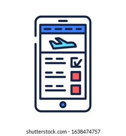 Flight booking in smartphone color line icon. Reservation of places in a plane in a device. Pictogram for web page, mobile app, promo. UI UX GUI design element. Editable stroke.