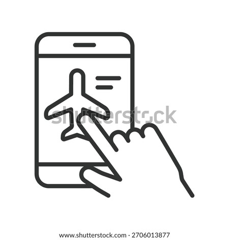Flight booking smartphone icon in line design. flight booking, airplane choice, mobile ticket, travel reservation, smartphone booking, airline app, travel planning, flight select on white background