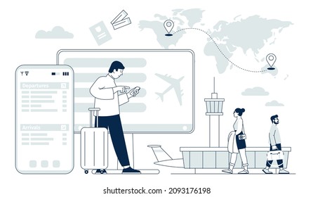 Flight booking. Travel service, technology and mobile app. Planning holidays or business trip, airplane and tourists characters. Online ticket recent vector concept