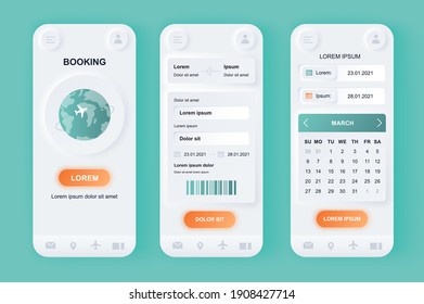 Flight booking unique neomorphic design kit. Online air tickets search and reservation, departure and arrival destinations, calendar. UI UX templates set. Vector illustration of GUI for mobile app.