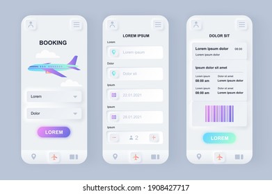 Flight booking unique neomorphic design kit. Online air tickets search and reservation, departure and arrival destinations, airfare. UI UX templates set. Vector illustration of GUI for mobile app.