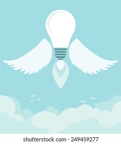 Flight bulb with wings in a blue sky, vector illustration
