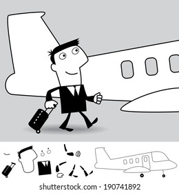 Flight. Business illustration (EPS 8). Animation friendly: the elements (arms, heads etc) are in the separate layers. Seamless pattern on the background (its color can be changed) 
