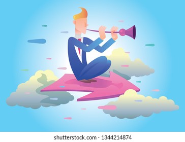 Flight. Business persons balancing on flying arrow. Manager plays the trumpet Punga. Business vector concept color illustration
