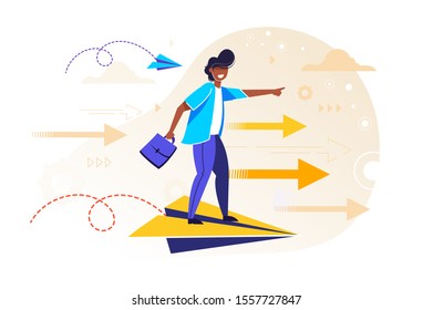 Flight. Business persons balancing on the paper airplanes. Business vector concept illustration