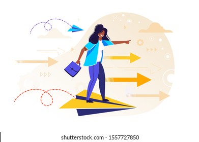 Flight. Business persons balancing on the paper airplanes. Business vector concept illustration