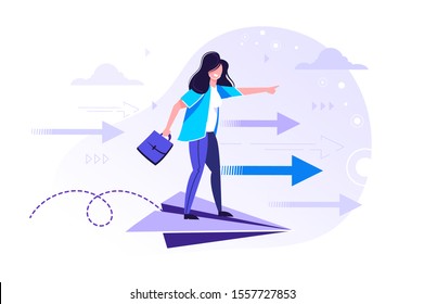 Flight. Business persons balancing on the paper airplanes. Business vector concept illustration