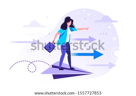 Flight. Business persons balancing on the paper airplanes. Business vector concept illustration