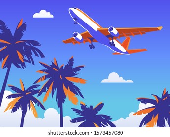 Flight by plane abroad for rest. Beach with palm trees with blue background. Vector illustration for the billboard