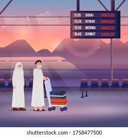 Flight Canceled, Hajj Postponed Due Coronavirus Disease, Pilgrims Wearing Mask Illustration