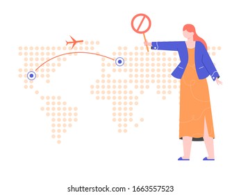 Flight cancellation concept Illustration. Travel ban due to virus, quarantine, bad weather, technical problems. Girl character with prohibitory sign. Flat vector illustration.