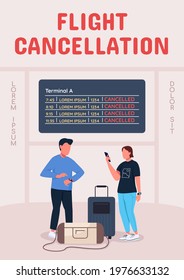 Flight cancellation poster flat vector template. Travel restrictions. Brochure, booklet one page concept design with cartoon characters. Passengers safety and health protection flyer, leaflet