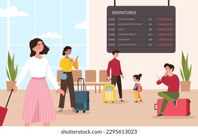 Flight cancelled concept. Men and women with children at airport stand and look at departure. Plane not flying due to bad weather. Tourists waiting for airplane. Cartoon flat vector illustration