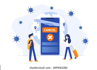Flight cancelled due to coronavirus epidemic. Male and female Passengers in protection masks waiting at airport terminal. Vector illustration.