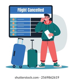Flight cancelled illustration of worried character with luggage 
